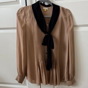 Leifsdottir Tan Blouse with Black Tie Collar